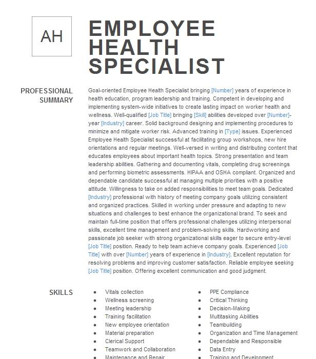 Employee Health Safety Specialist Resume Example