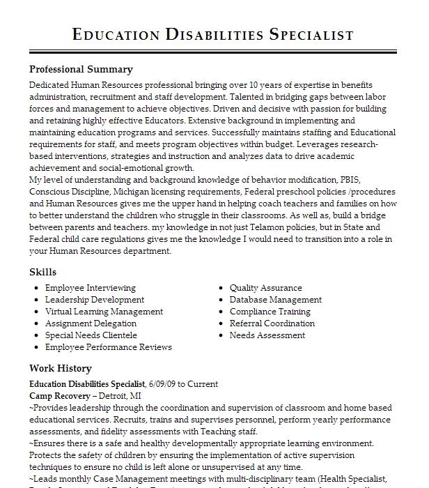 Learning Disabilities Specialist Resume Example