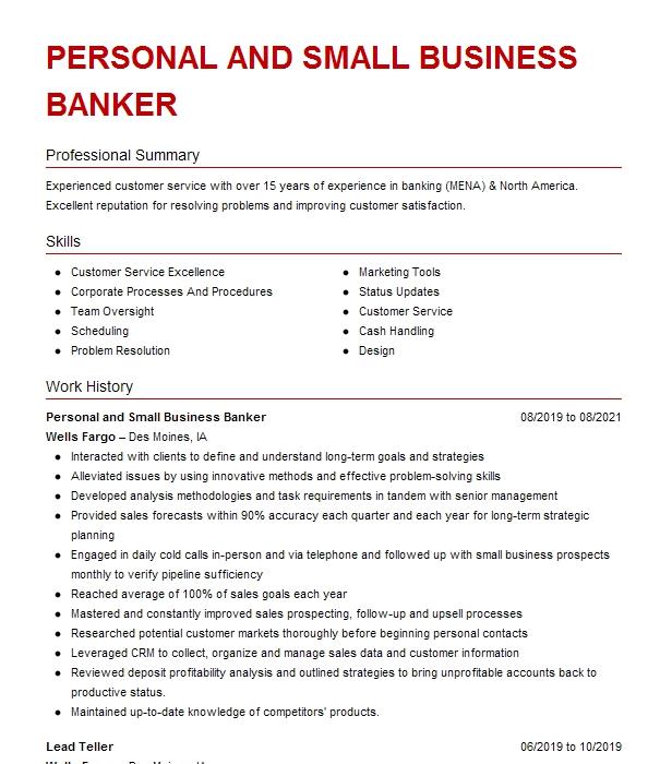 Personal And Small Business Banker Resume Example