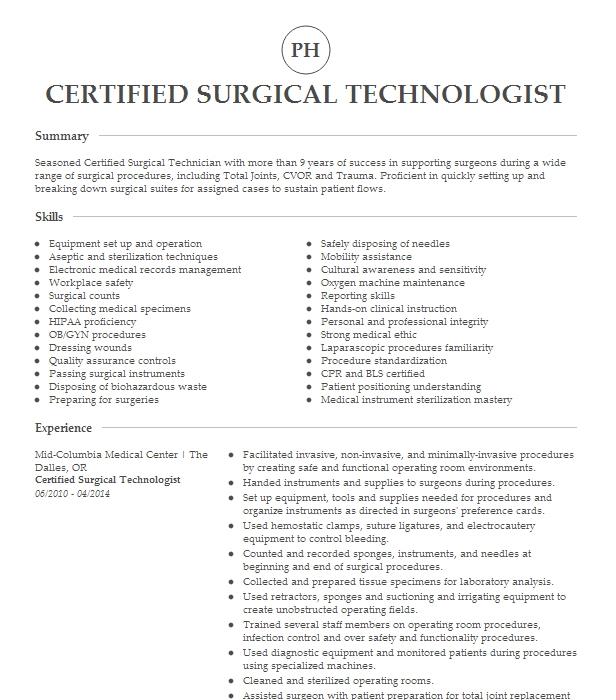 Certified Surgical Technologist Resume Example