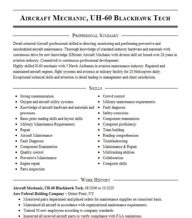 Uh 60 Blackhawk Maintenance Evaluator Resume Example