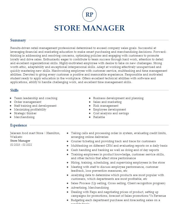 Store Manager Resume Example