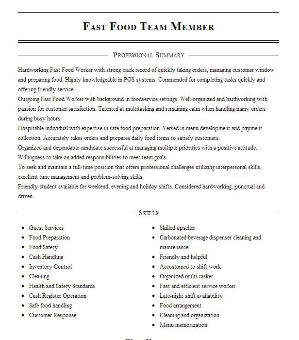 fast-food-team-member-resume-example