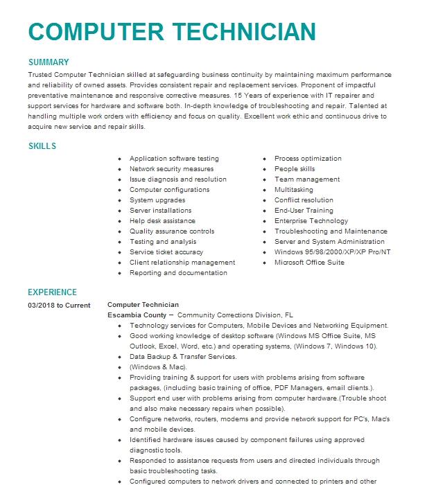 Computer Technician Resume Example