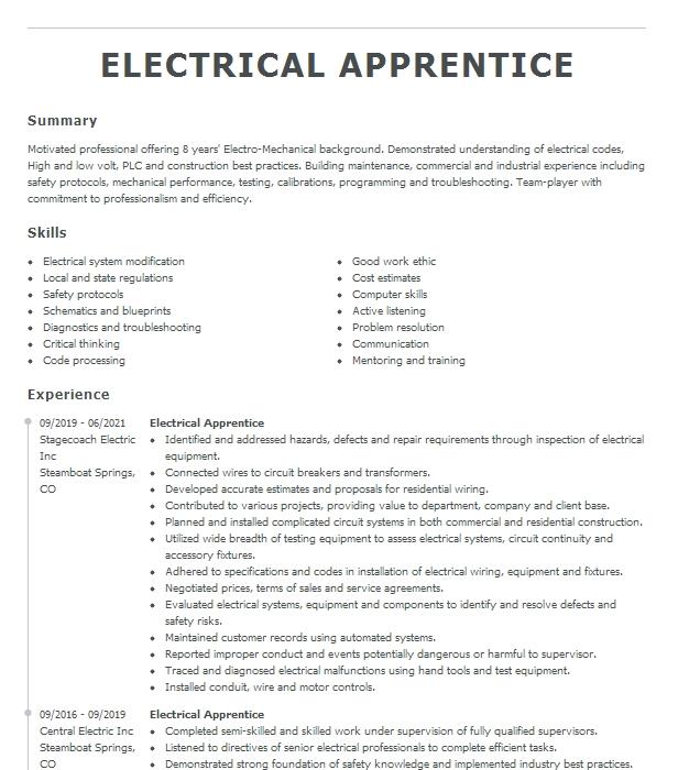 Electrical Apprentice Resume Example