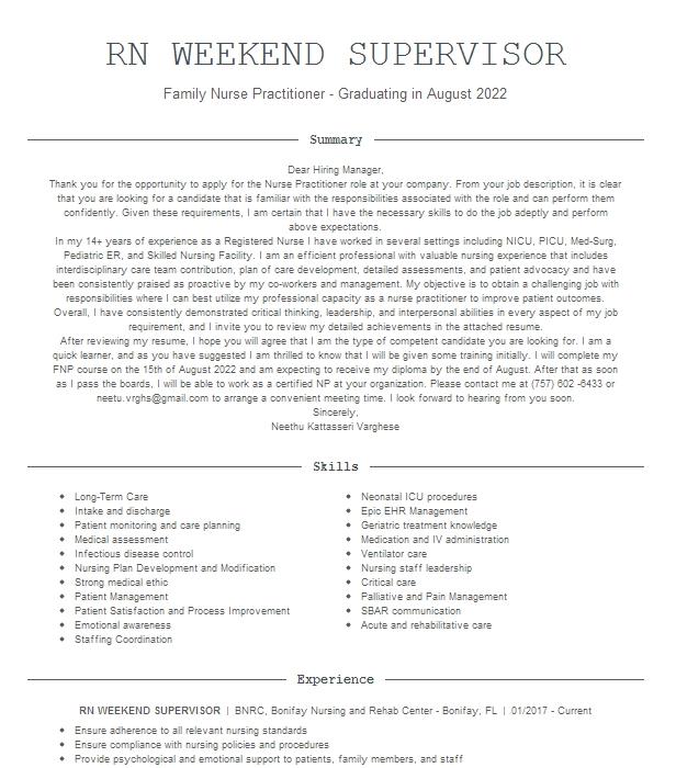 Rn Weekend Supervisor Resume Example