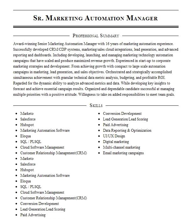 Global Marketing Automation Manager Resume Example