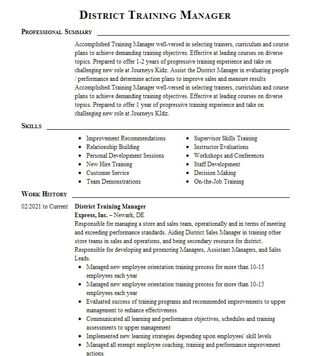 District Training Manager Resume Example