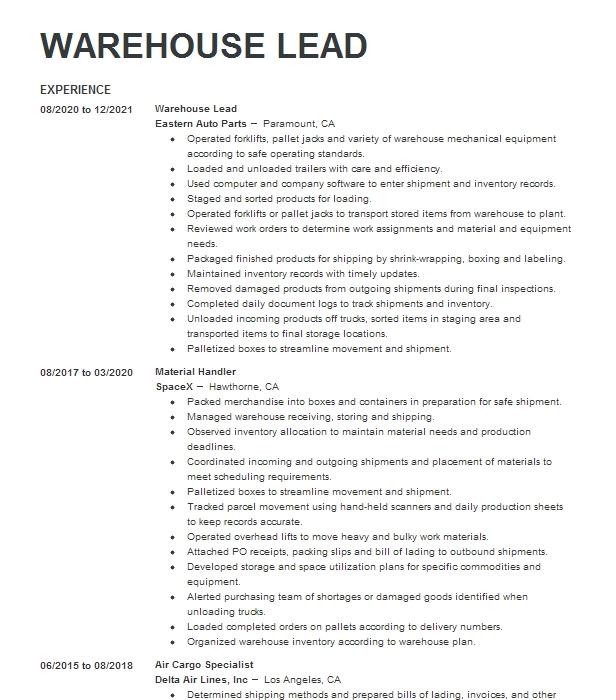 Warehouse Lead Resume Example