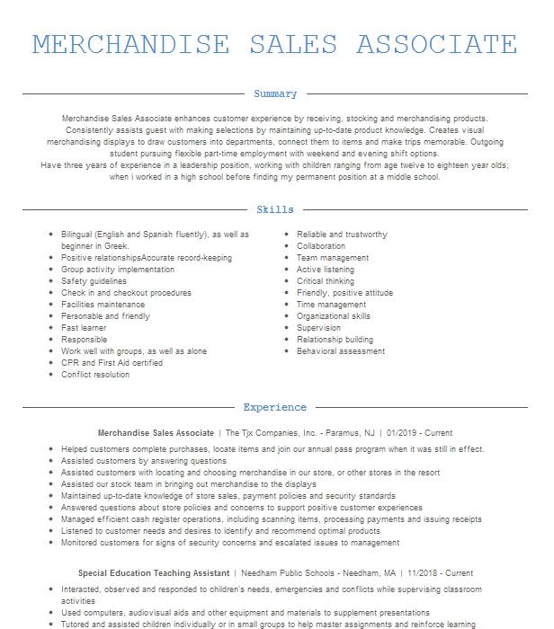 Merchandise Sales Associate Resume Example