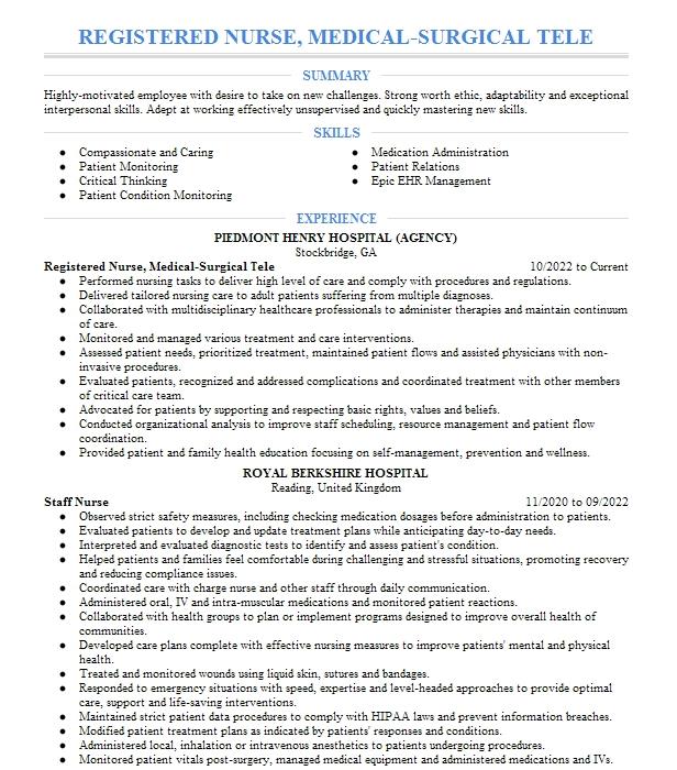 Registered Nurse Medical Surgical Tele Unit Resume Example