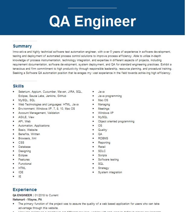 Qa Engineer Resume Example