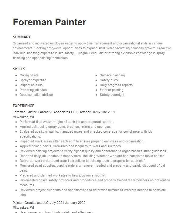 Painter Foreman Resume Example