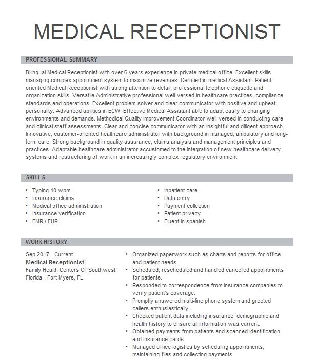 Medical Receptionist Resume Example