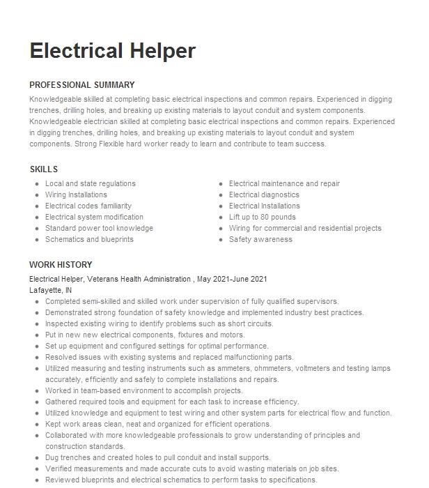 Electrical Helper Resume Example