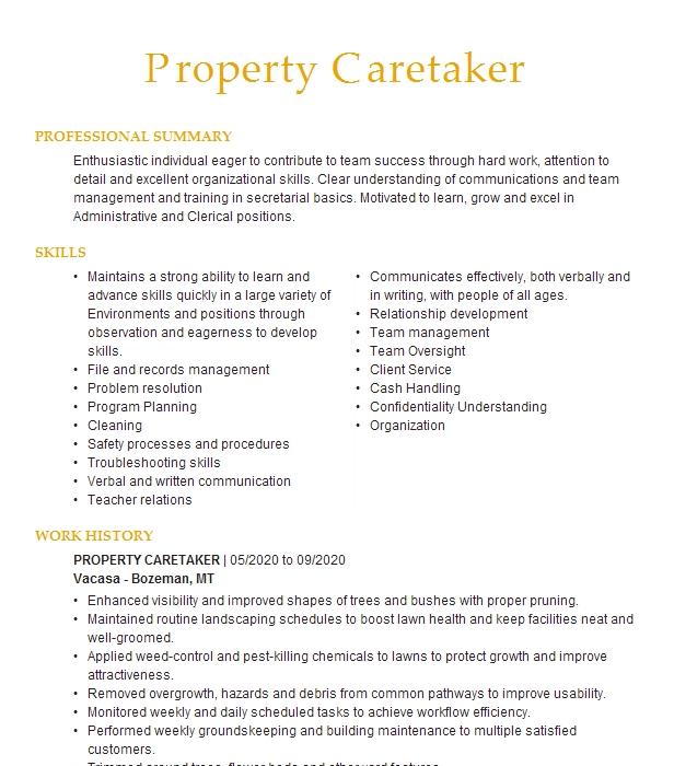 Property Caretaker Resume Example