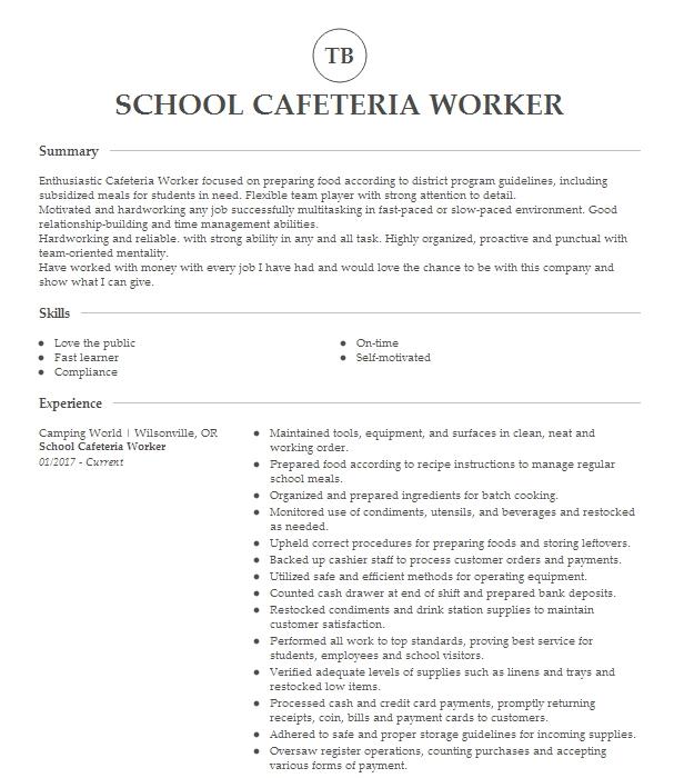 school cafeteria worker resume sample