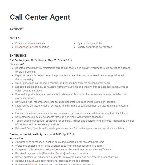 Call Center Agent Resume Example