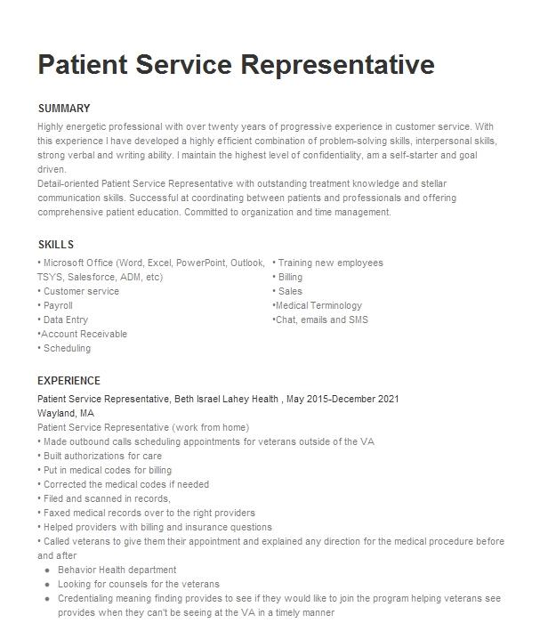 Patient Service Representative Resume Example