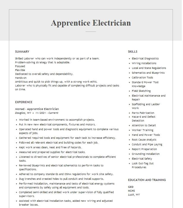 Apprentice Electrician Resume Example