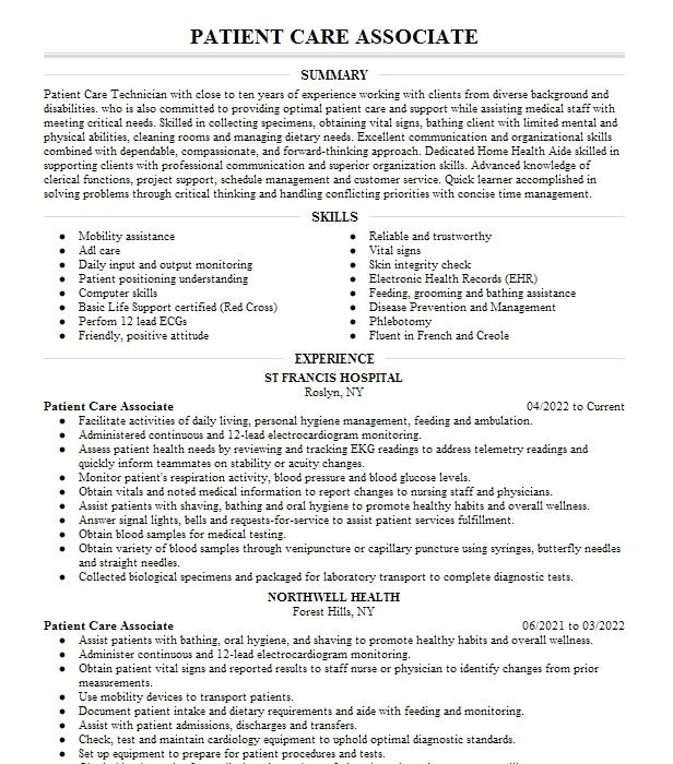 Patient Care Associate Resume Example