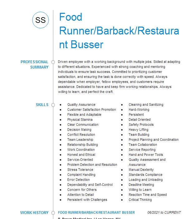 Restaurant Busser Food Runner Resume Example