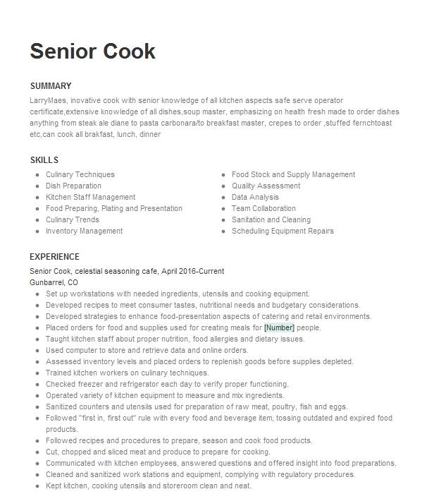 Senior Cook Resume Example