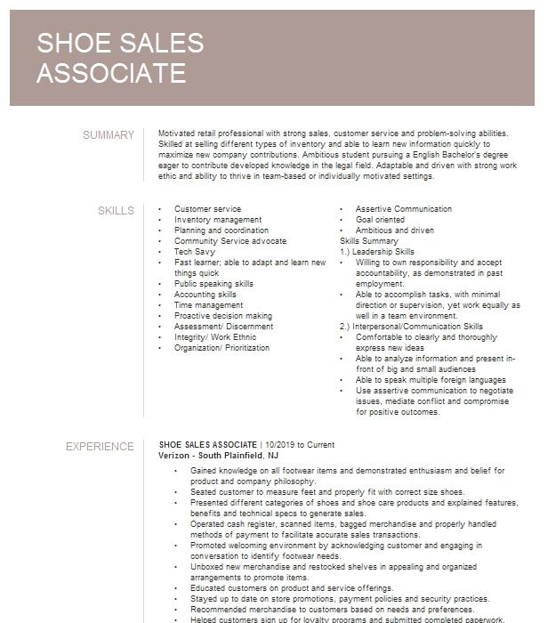 Shoe Sales Associate Resume Example