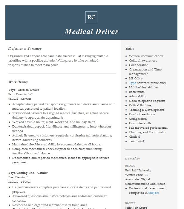 Medical Driver Resume Example