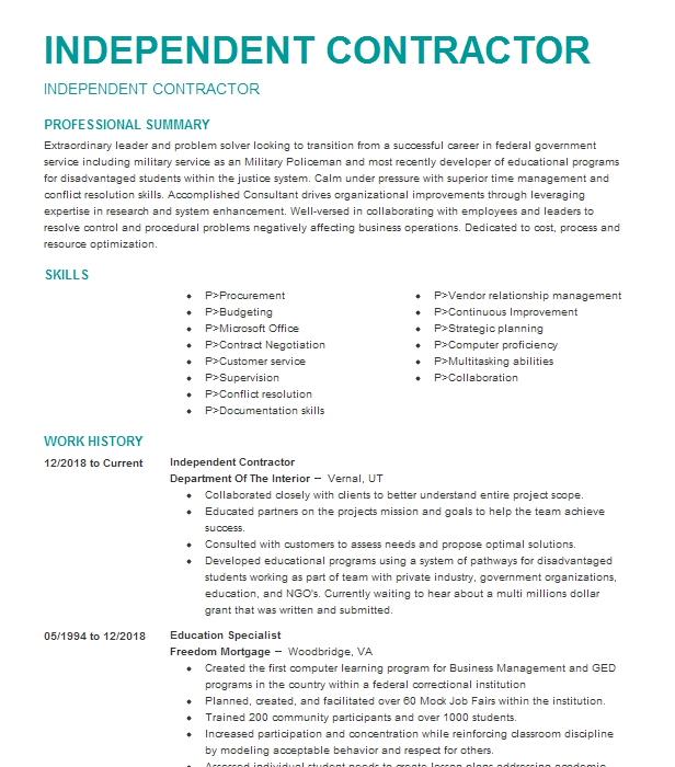 Independent Contractor Resume Example