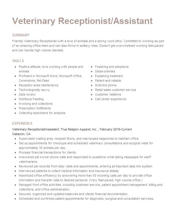 Veterinary Receptionist Assistant Resume Example