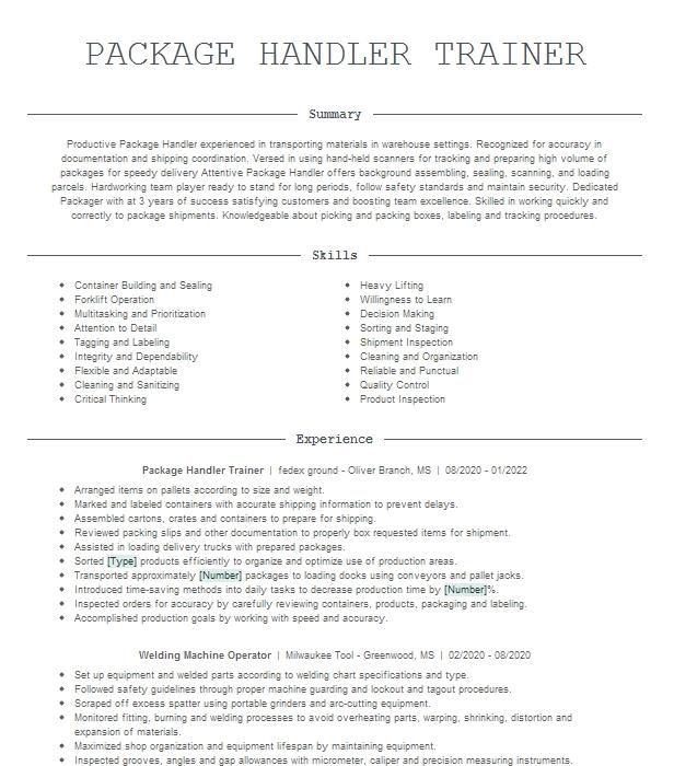 Package Handler Trainer Resume Sample