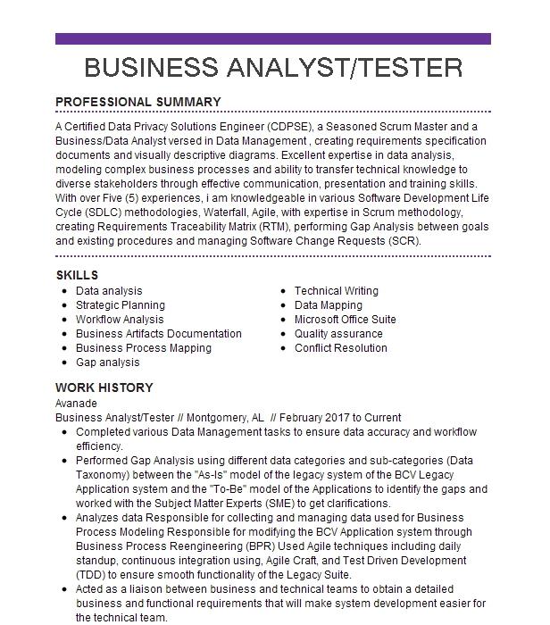 Business Analyst Product Tester Resume Example