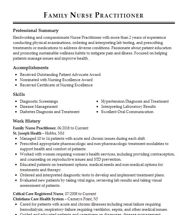 Family Nurse Practitioner Resume Example