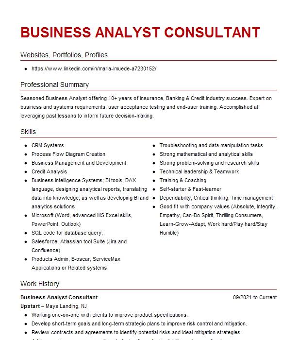 Business Analyst Consultant Resume Example