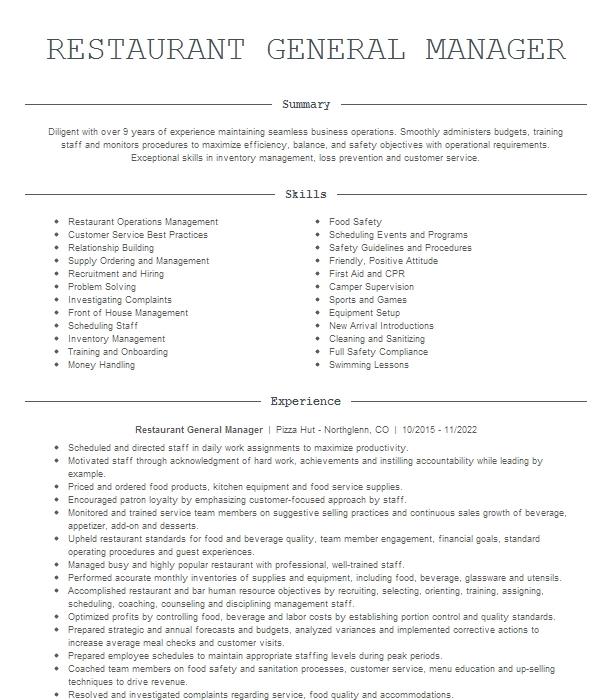 Restaurant General Manager Resume Example