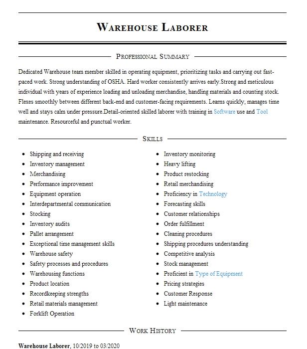 Warehouse Laborer Resume Example