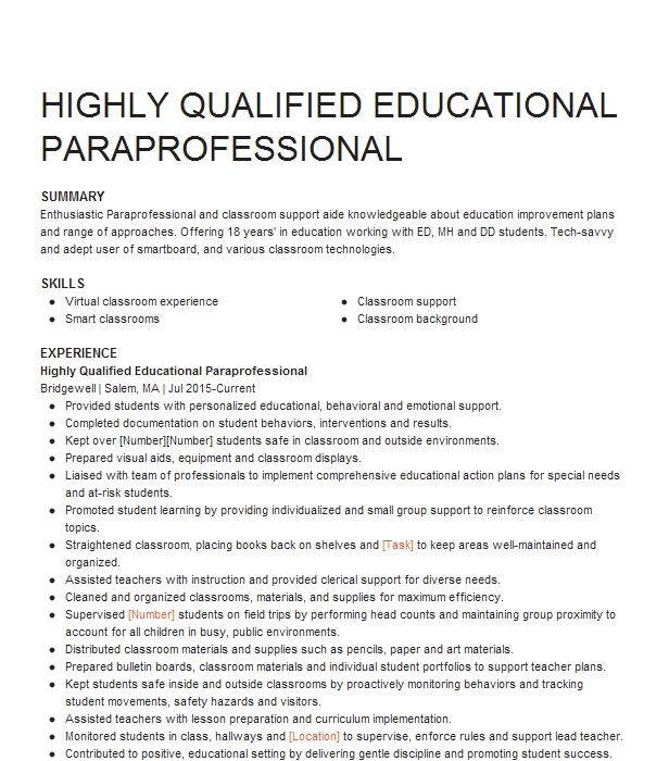 paraprofessional summary of qualifications resume