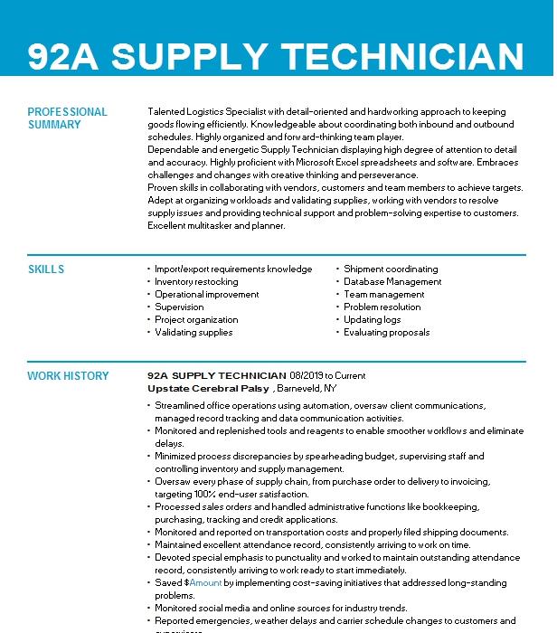 92a Supply Specialist Resume Example