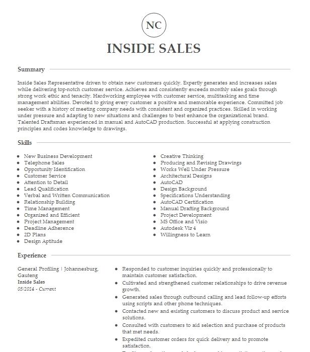 Inside Sales Resume Example