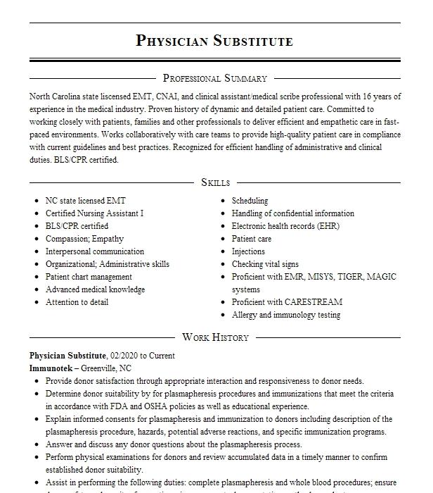 Physician Substitute Resume Example