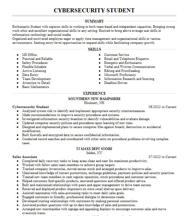 Cybersecurity Student Resume Example