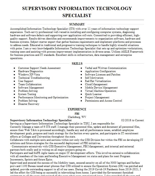 Supervisory Information Technology Specialist Resume Example