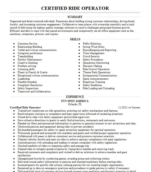 Certified Ride Operator Resume Example