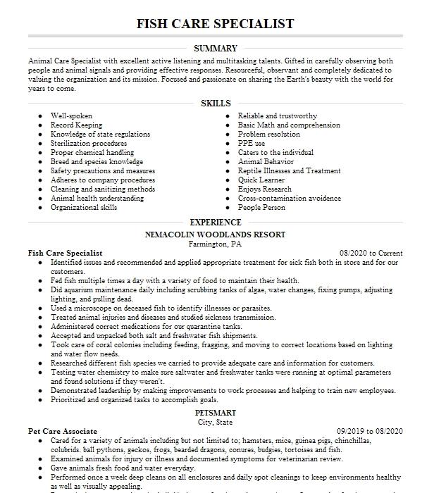 Fish Hatchery Specialist Ii Resume Example