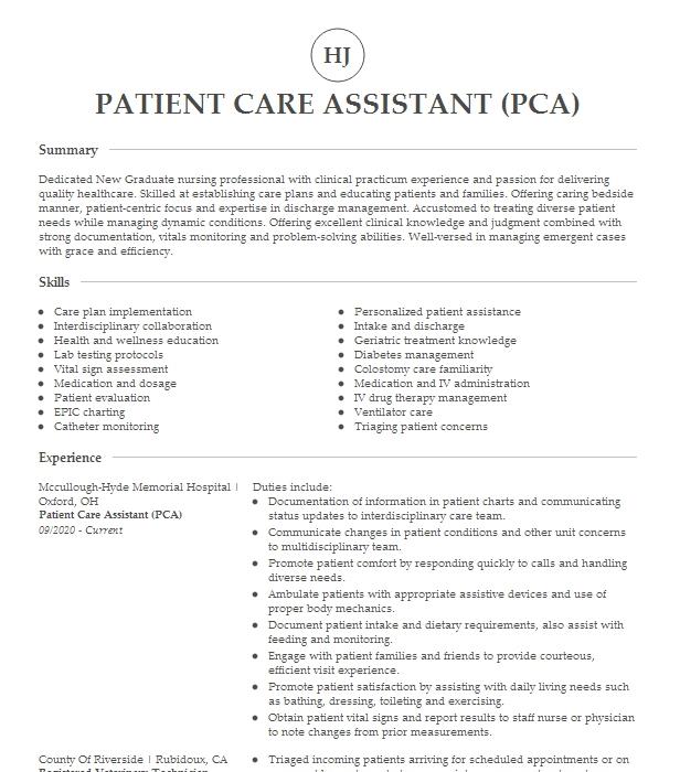 resume sample for pca jobs