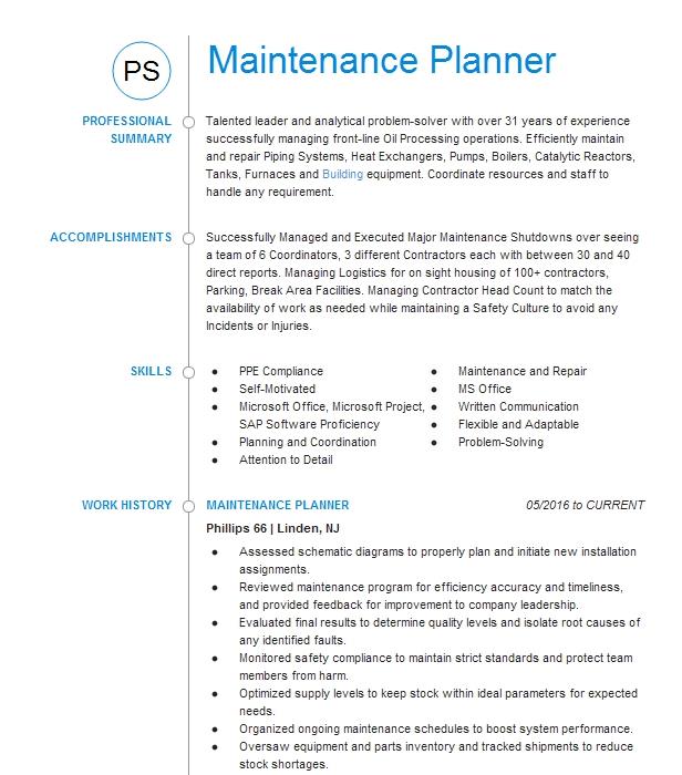 maintenance-planner-resume-example