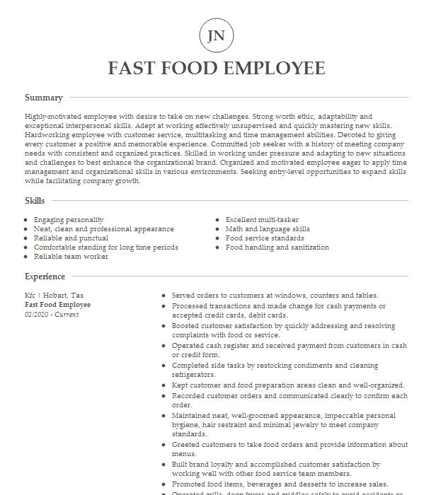 Fast Food Employee Resume Example