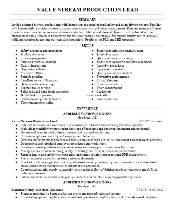 Manufacturing Operator Associate Resume Example