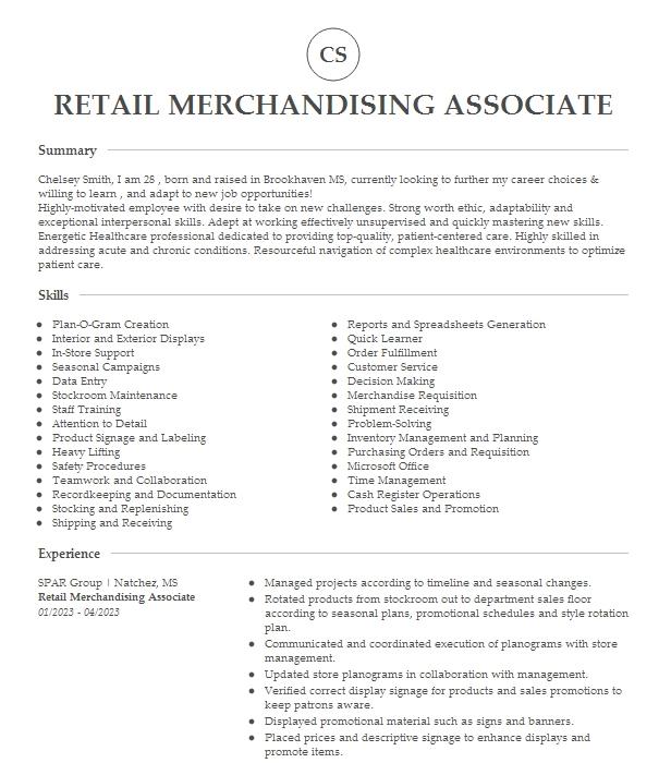 Retail Merchandising Associate Resume Example